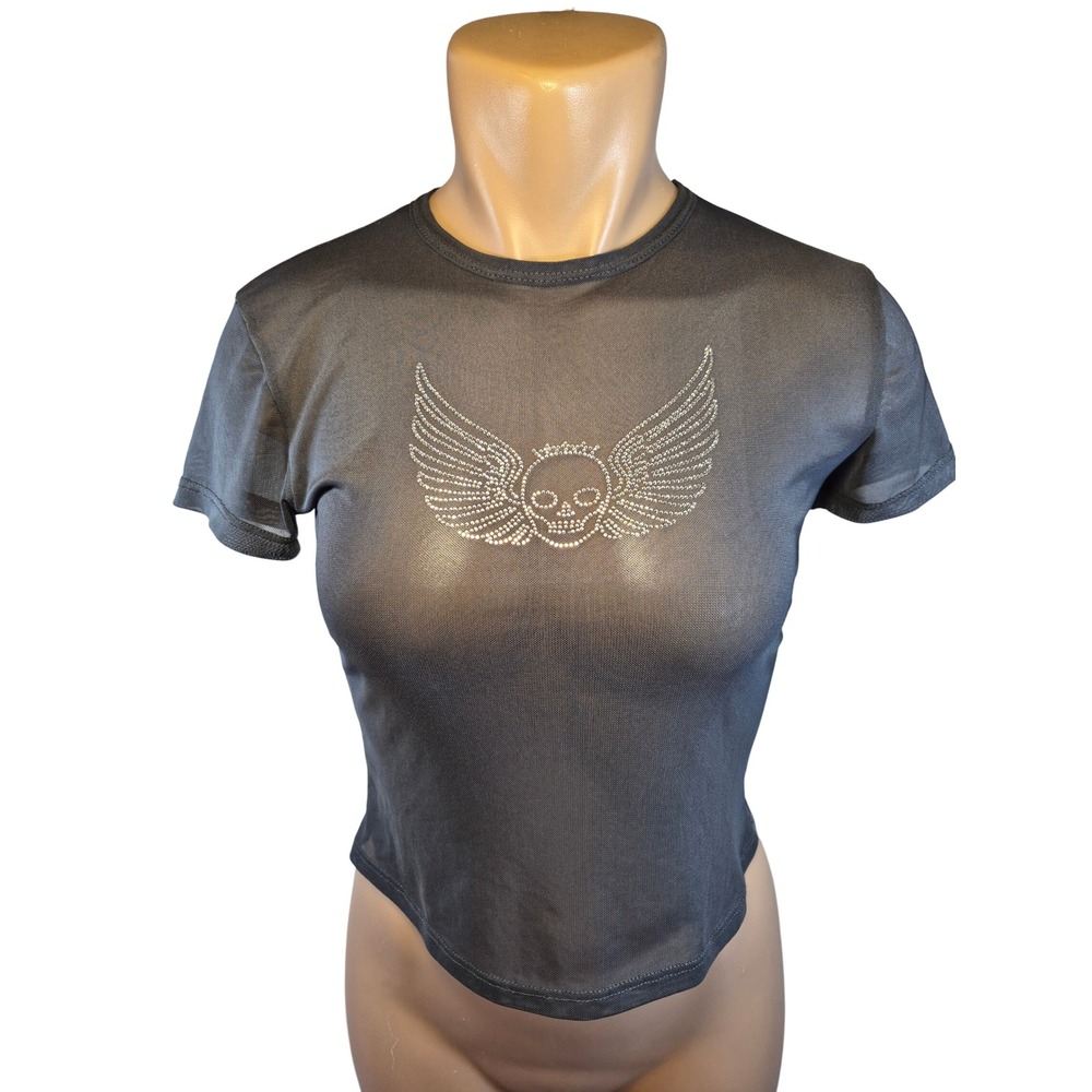 NWOT Refuge Mesh See Thru Crop Top Y2K Style Bedazzled Rhinestone Skull Wings M